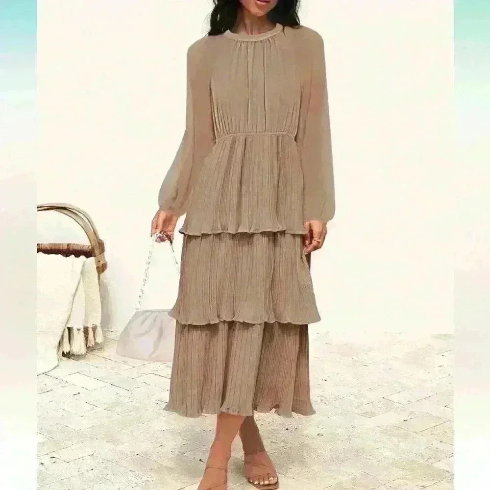NWT ZESICA Long Sleeve Ruffle Tiered Layered Chiffon Flowy Swing Long Midi Dress
